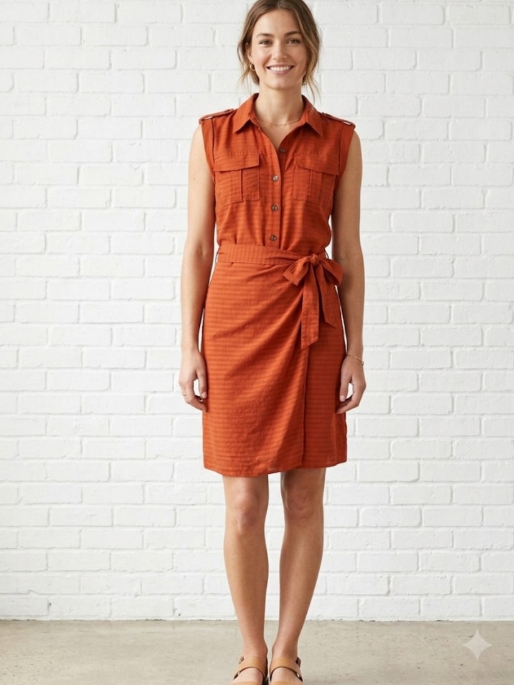 Calvin Klein Sleeveless Shirt Dress in Rust Orange